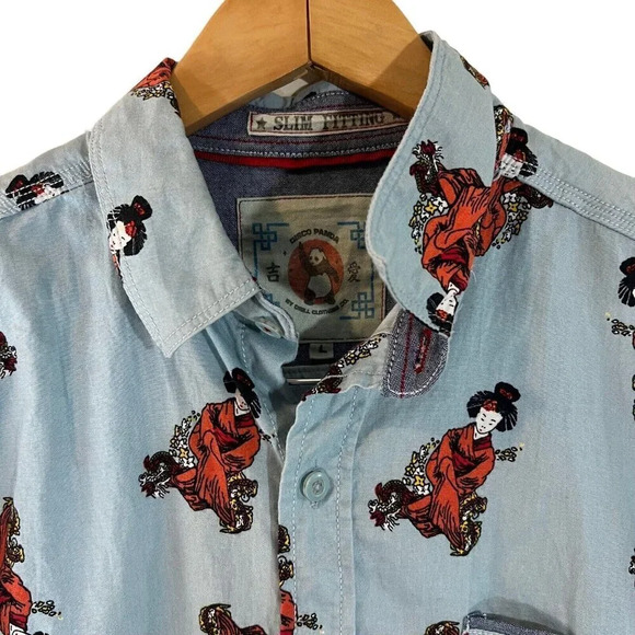 Disco Panda Mens Button Up Shirt Size Large Japanese Geisha Patterned Pocket Top - Picture 4 of 4